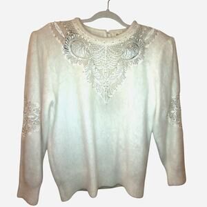 Vntg 80s Womens Angora Lambswool Fuzzy Cream Sweater Lace Shoulder Pads Belldin